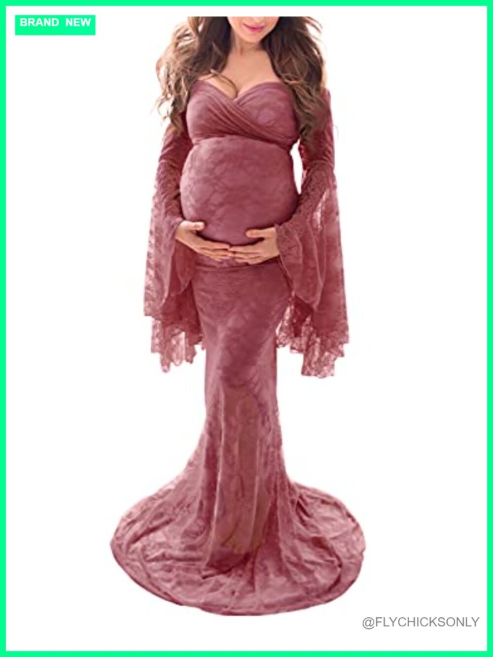 Lace Maternity Dress Off Shoulder Bell Sleeve Maxi Photography Gown